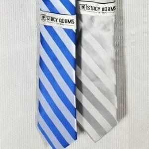 Stacy Adams TWO PACK Extra Long Formal Stripe Tie Handkerchief SILVER + BLUE SET